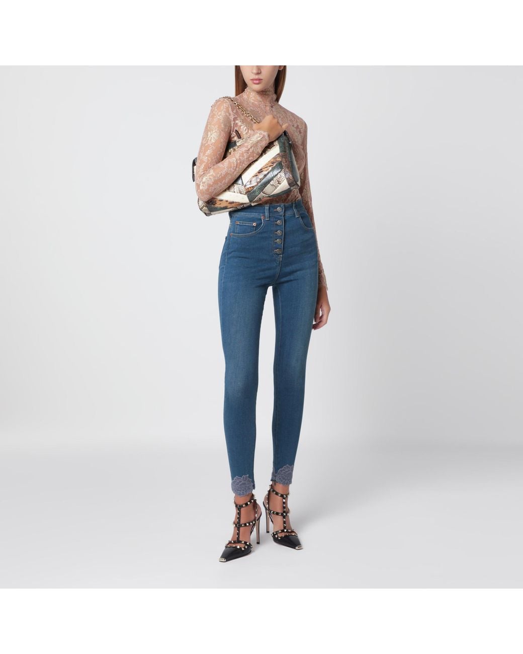 Valentino Blue Nude Semi-Sheer Floral Lace Bodysuit