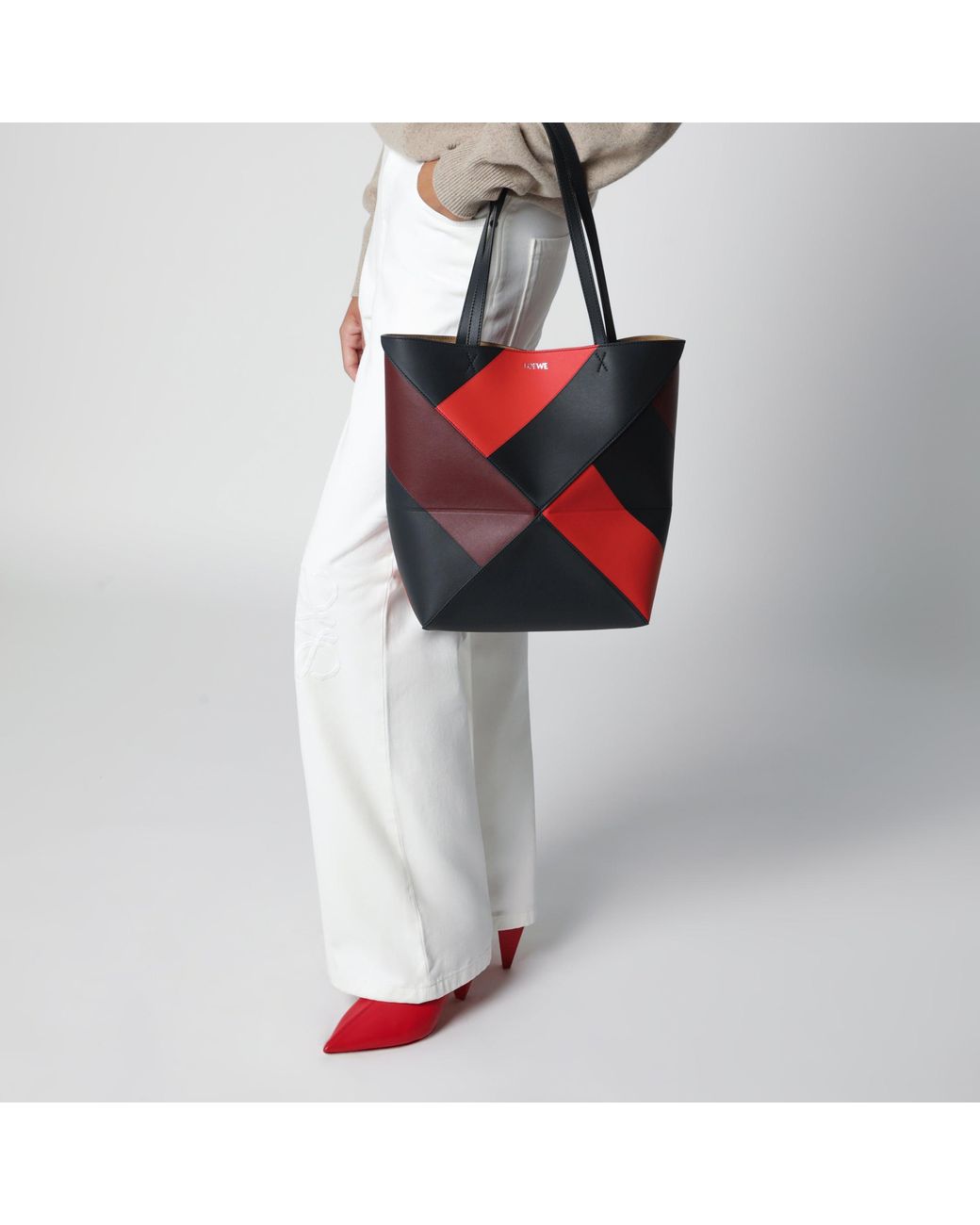 Loewe Red Puzzle Fold Tote Medium Color-Block Calf Leather Bag