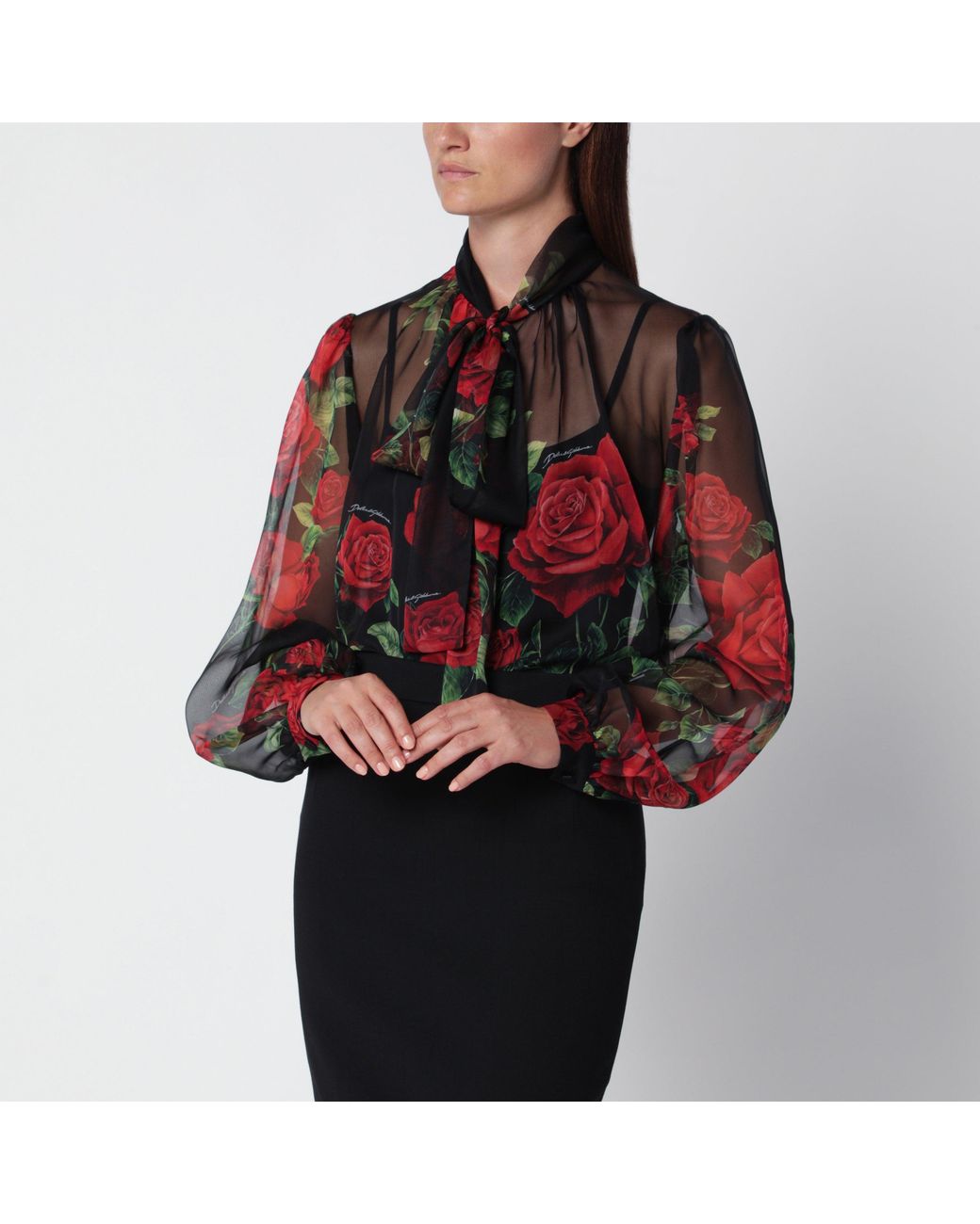 Dolce & Gabbana Red Rose-Print Silk Chiffon Blouse