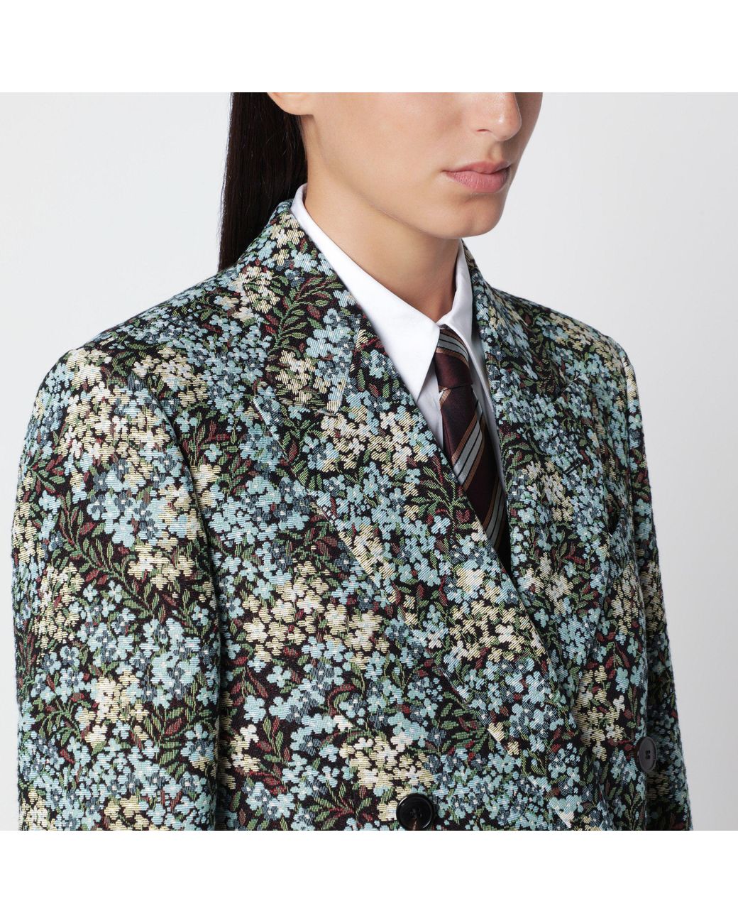 Dries Van Noten Green Double-Breasted Coat With Floral Jacquard Pattern