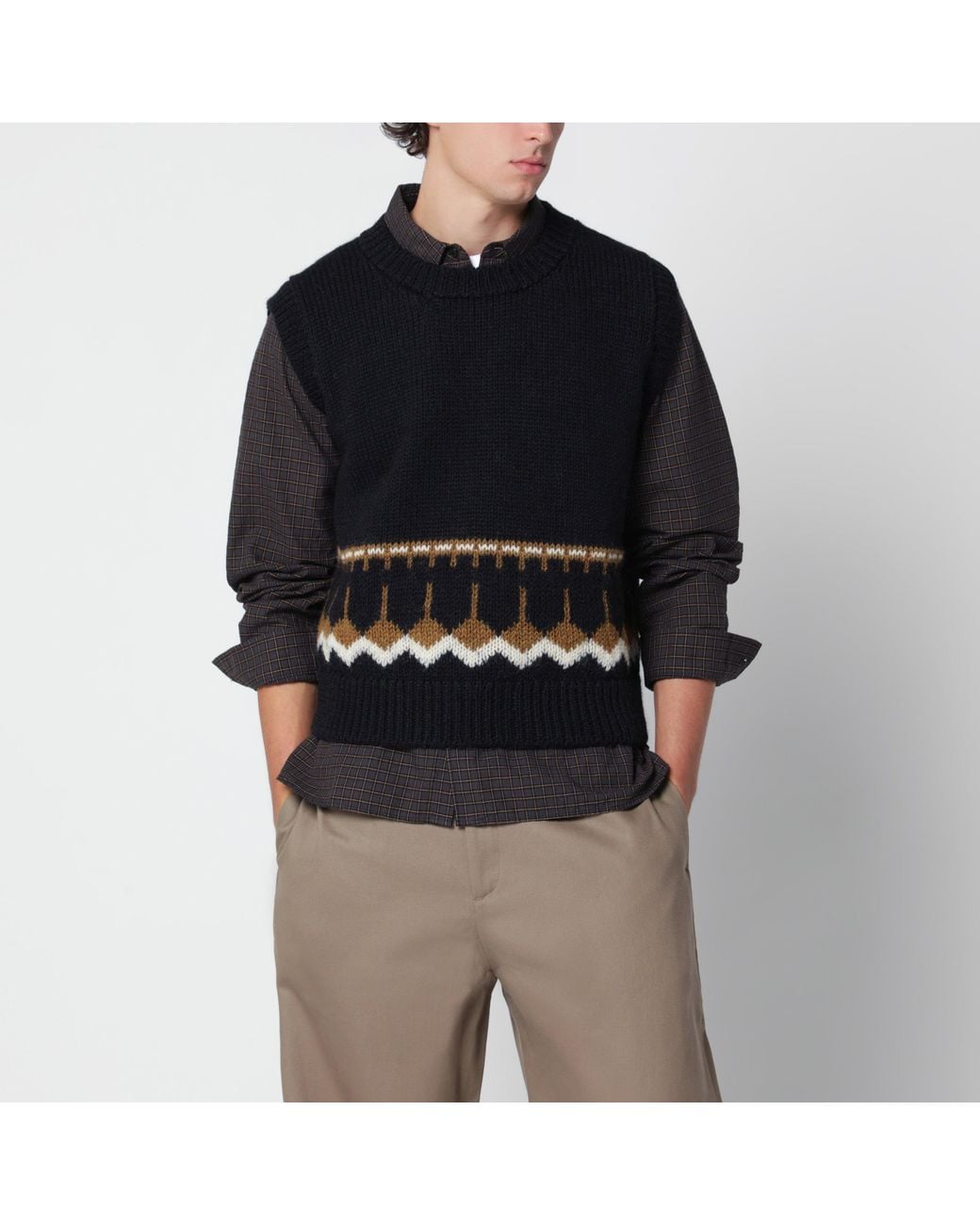 YMC Black Wool Vest With Geometric Jacquard Pattern for men