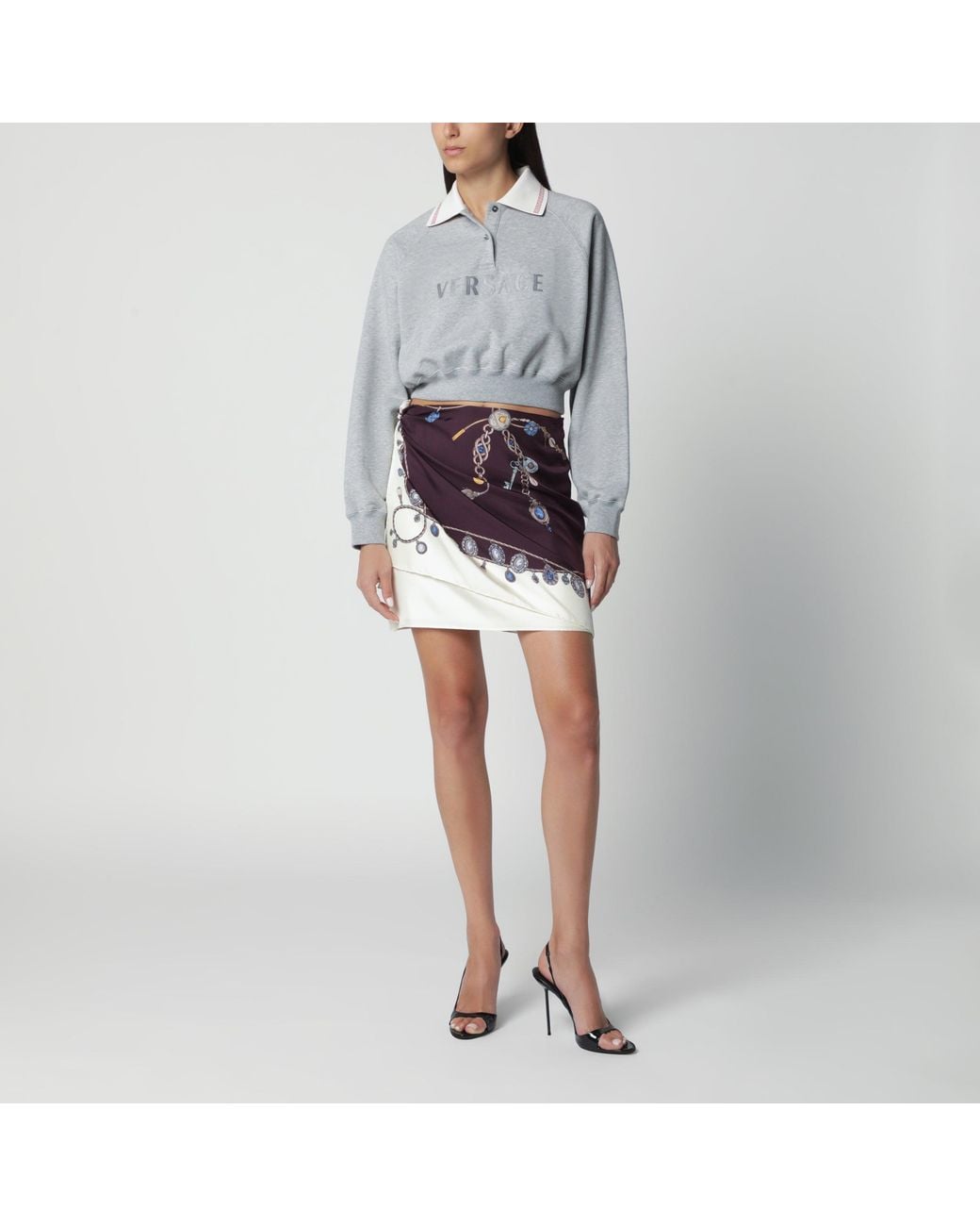 Versace Gray Cropped Cotton Polo Sweatshirt