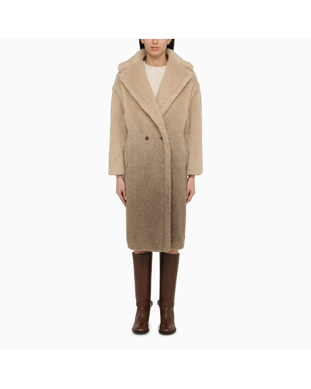 Max Mara Sand Teddy Double-breasted Coat in Natural | Lyst UK