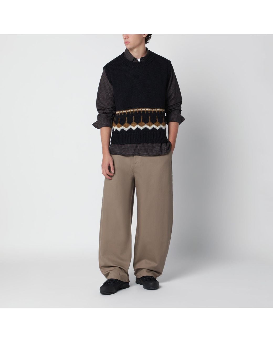 YMC Black Wool Vest With Geometric Jacquard Pattern for men
