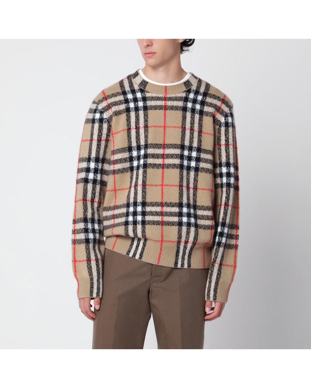 Burberry Brown Sand Cashmere Check Sweater for men