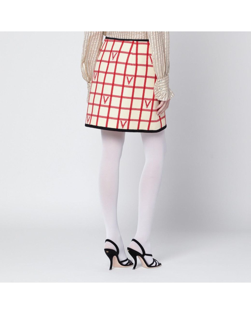 Valentino Pink Ivory Skirt With Check Vlogo Pattern