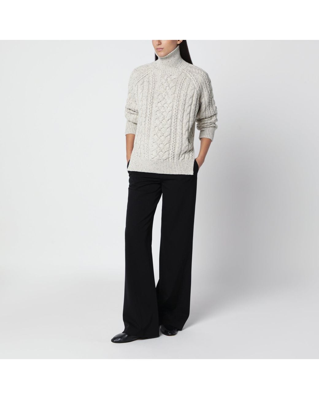Totême Gray Ecru Cable-Knit Wool Turtleneck