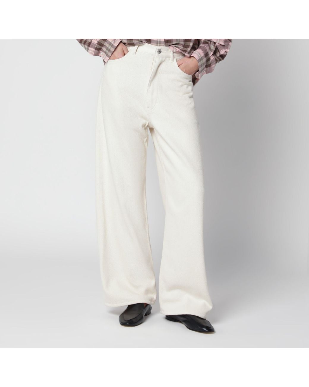 Auralee White Wide-Leg Ivory Silk Denim Trousers