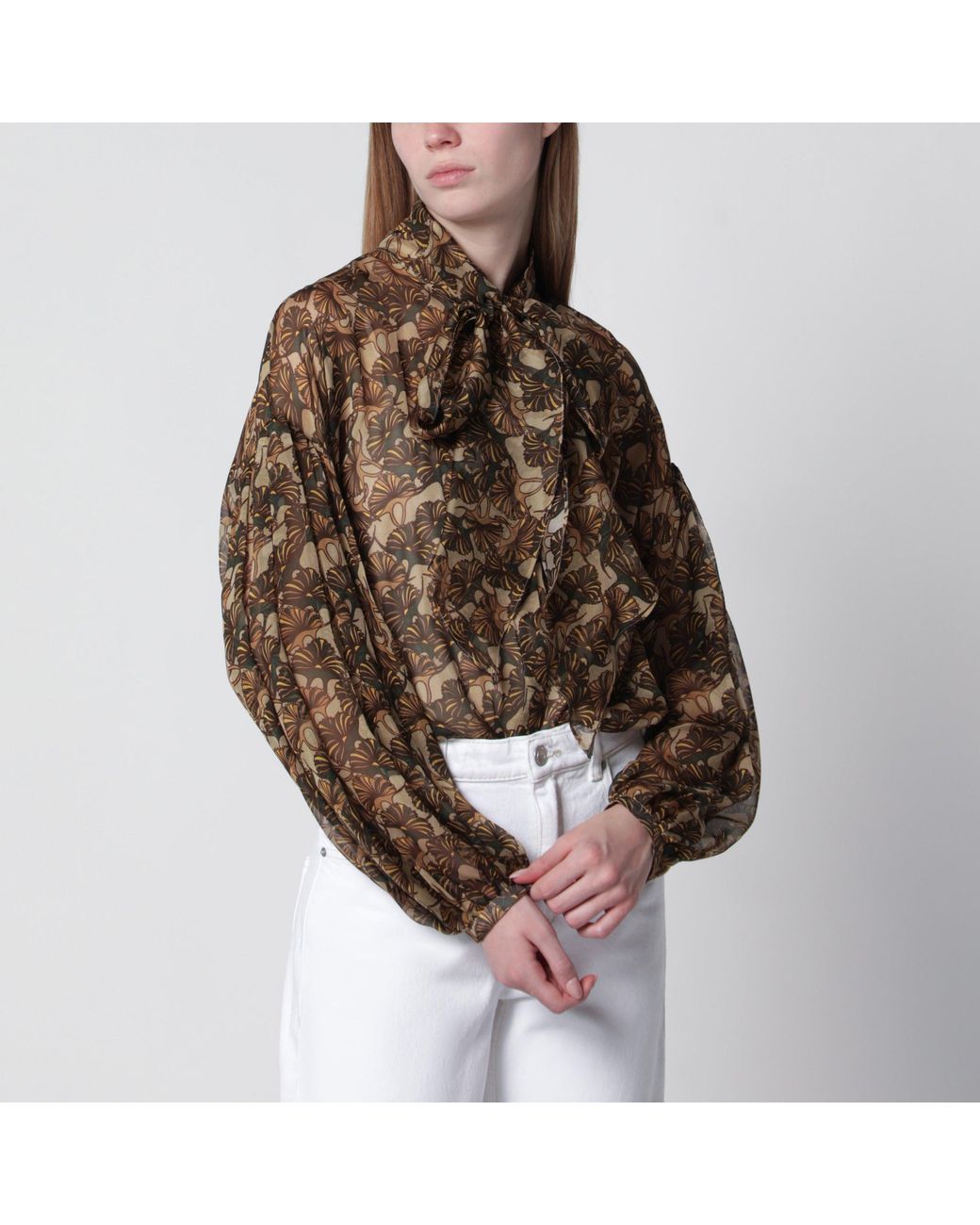 Max Mara Brown Printed Silk Chiffon Blouse