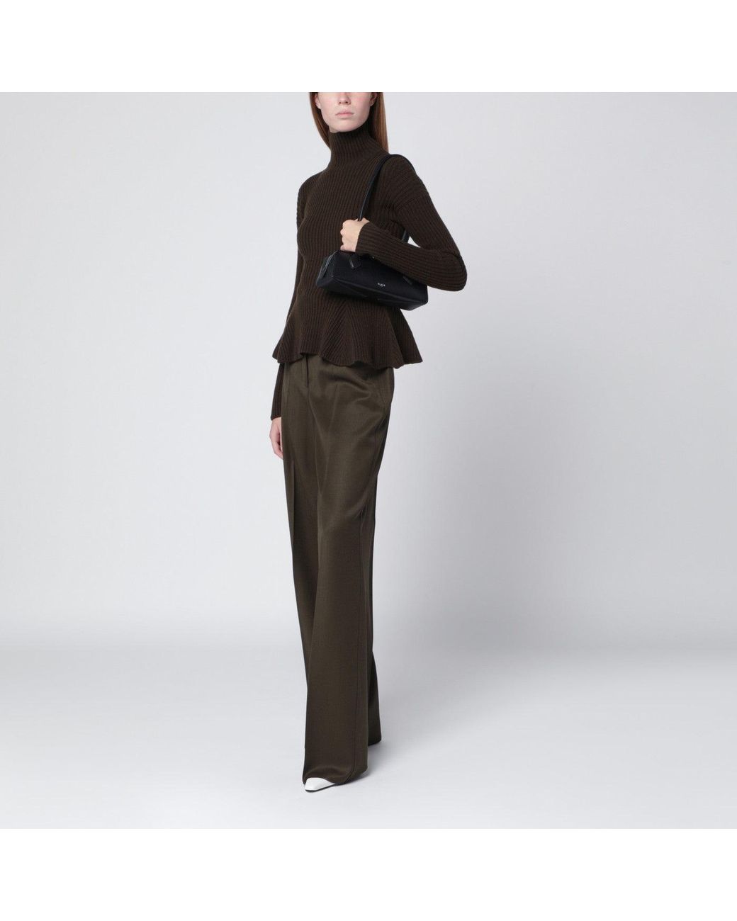Max Mara Brown Moss Wide-Leg Wool Trousers