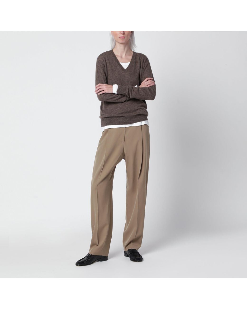 The Row Brown Phora Taupe Cashmere V-Neck Sweater