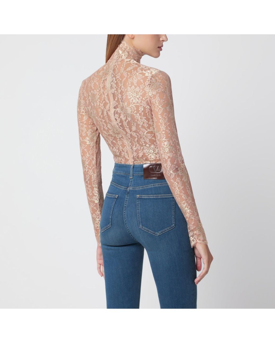 Valentino Blue Nude Semi-Sheer Floral Lace Bodysuit