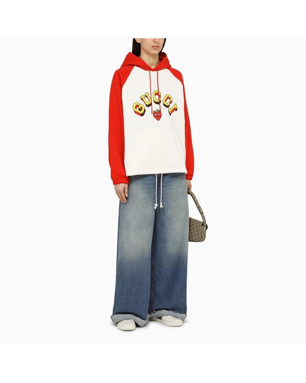 Felpa bianca e rossa con logo in cotone di Gucci in Rosso Lyst