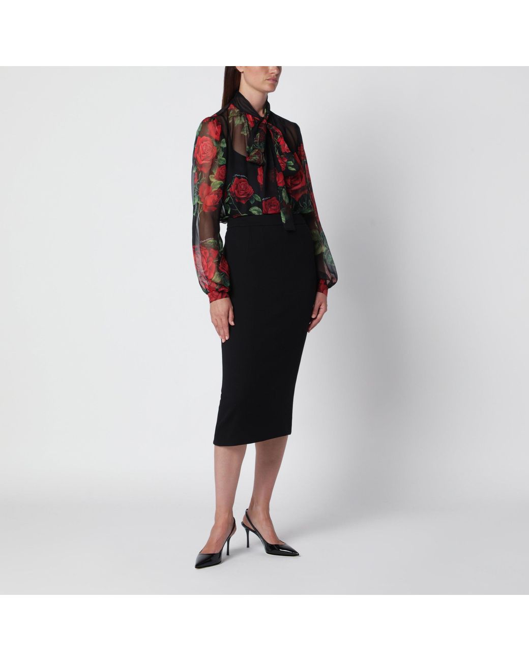 Dolce & Gabbana Red Rose-Print Silk Chiffon Blouse