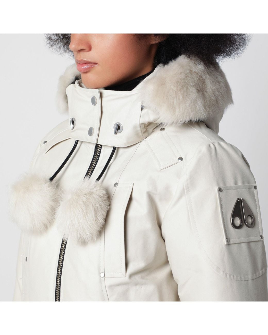 Moose Knuckles White Original Debbie Cropped Mini Bomber Jacket With Down And Stretch