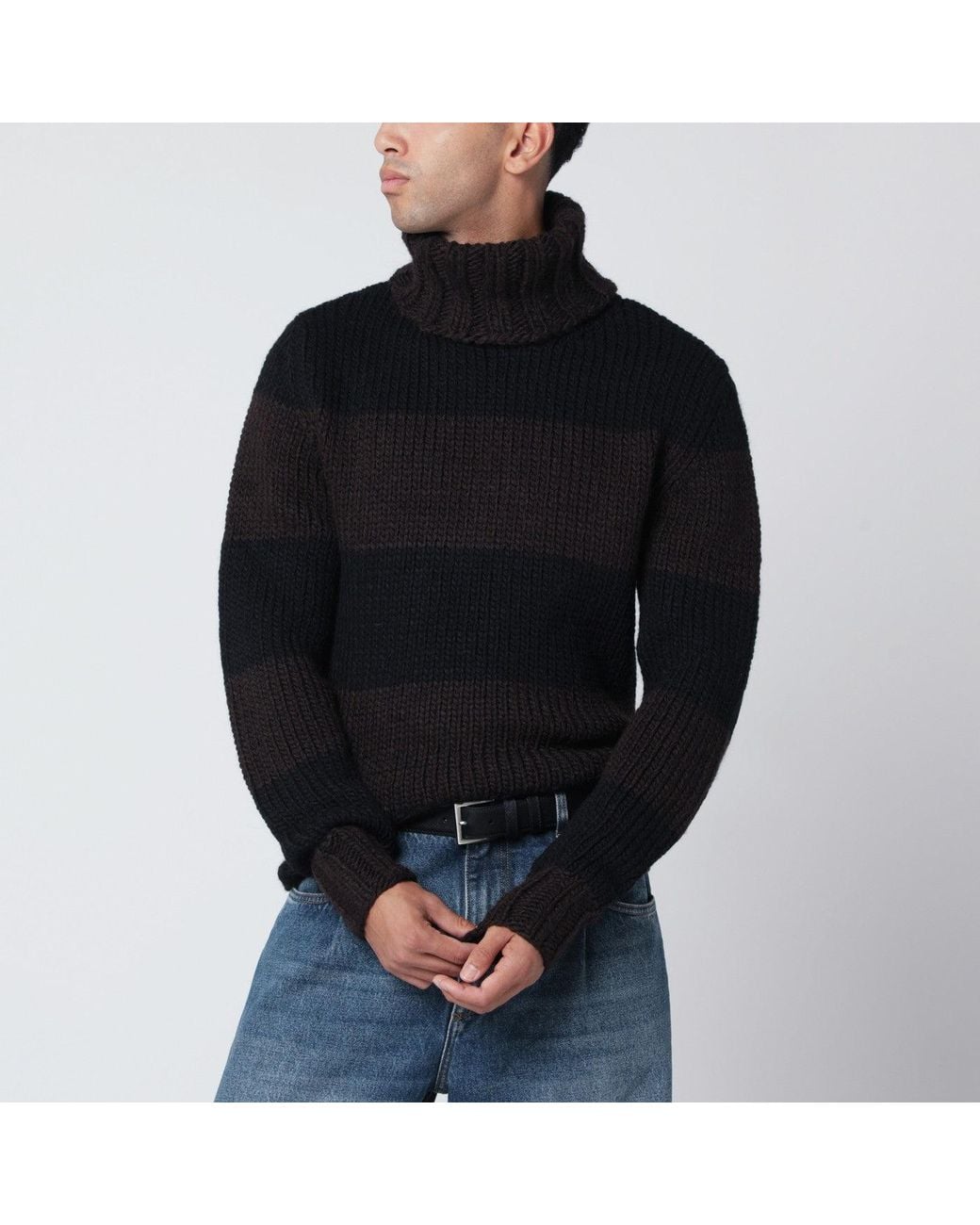 Dolce & Gabbana Black Striped Wool-Blend Turtleneck Sweater for men
