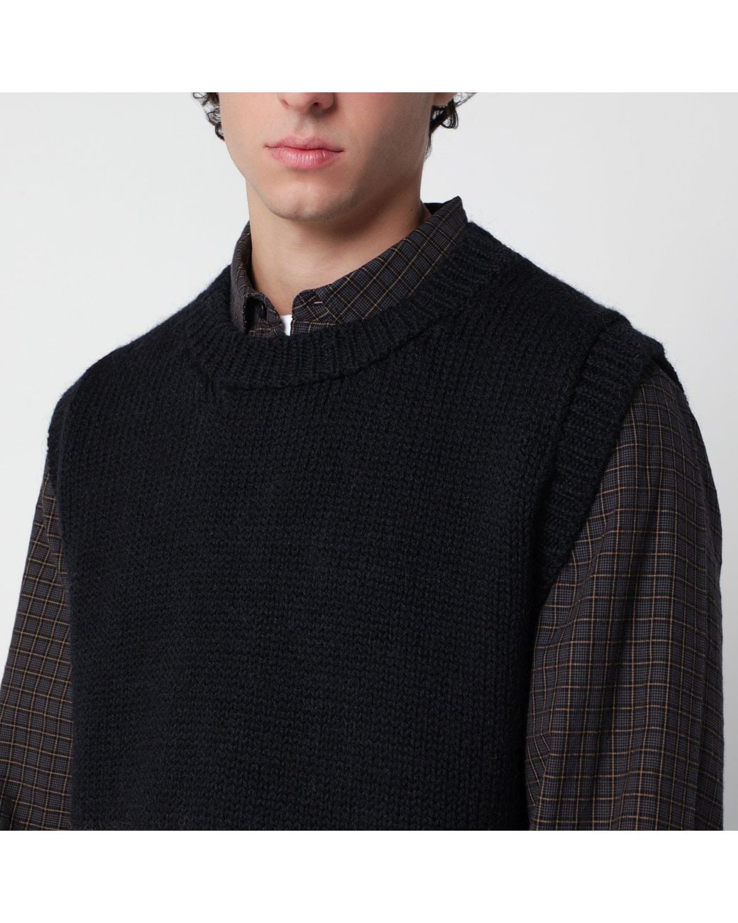YMC Black Wool Vest With Geometric Jacquard Pattern for men