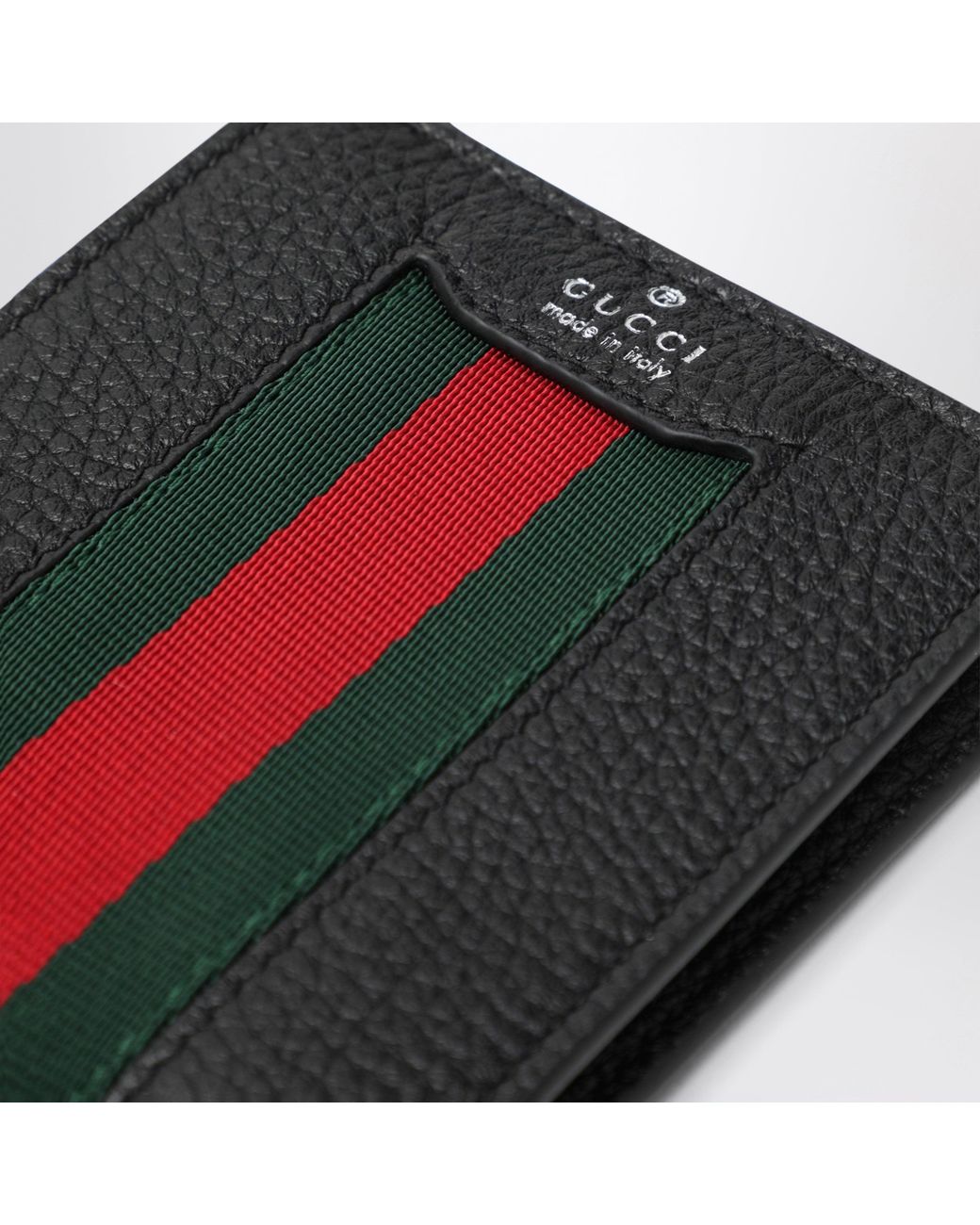 Gucci Black Web Trademark Leather Mini Bi-Fold Card Holder for men