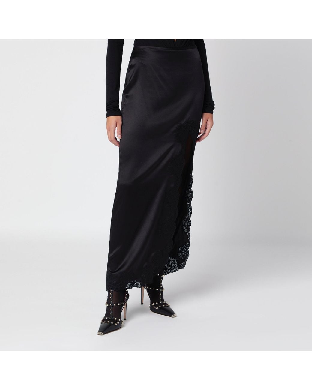 Valentino Black Long Crepe Satin Skirt With Lace