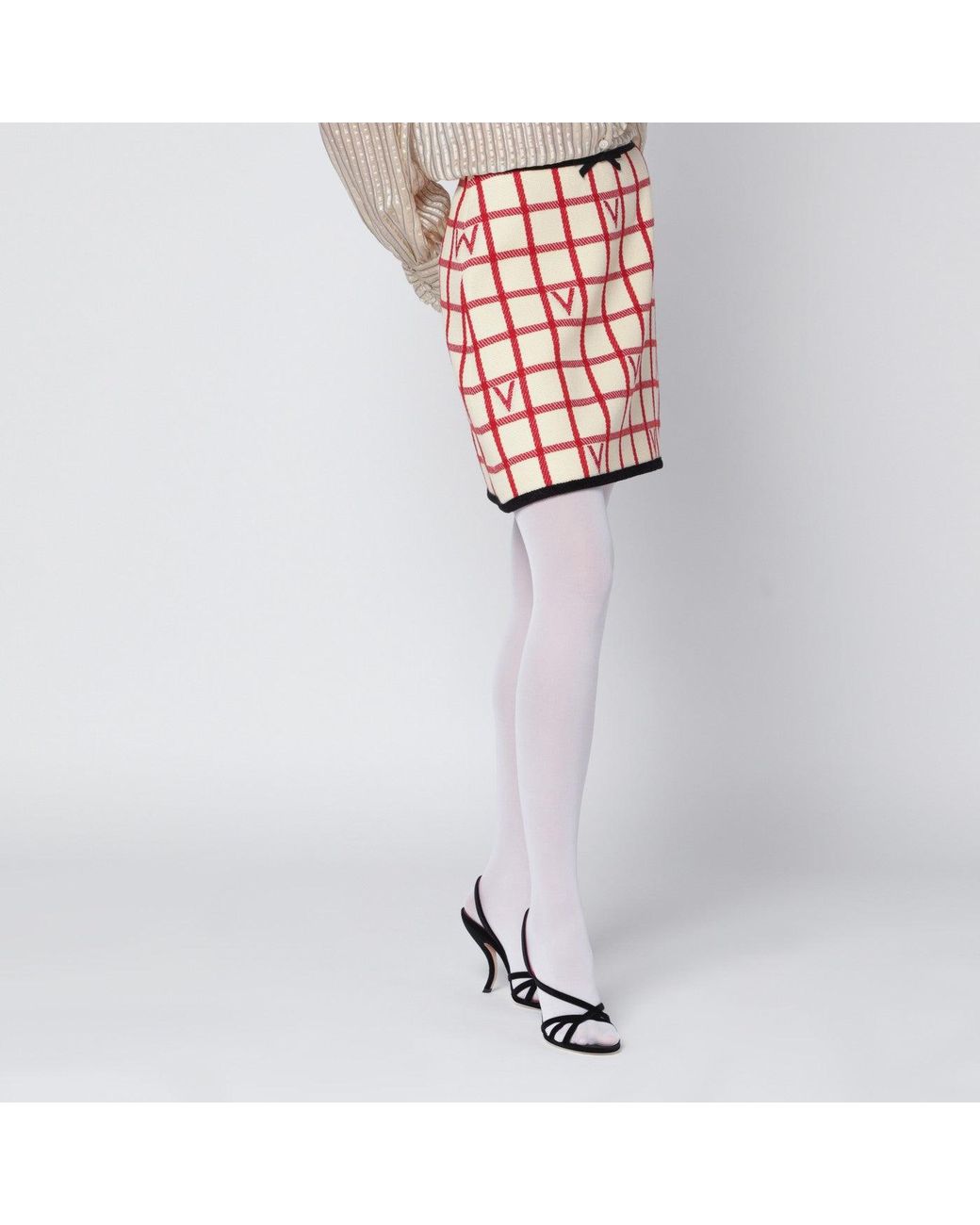 Valentino Pink Ivory Skirt With Check Vlogo Pattern