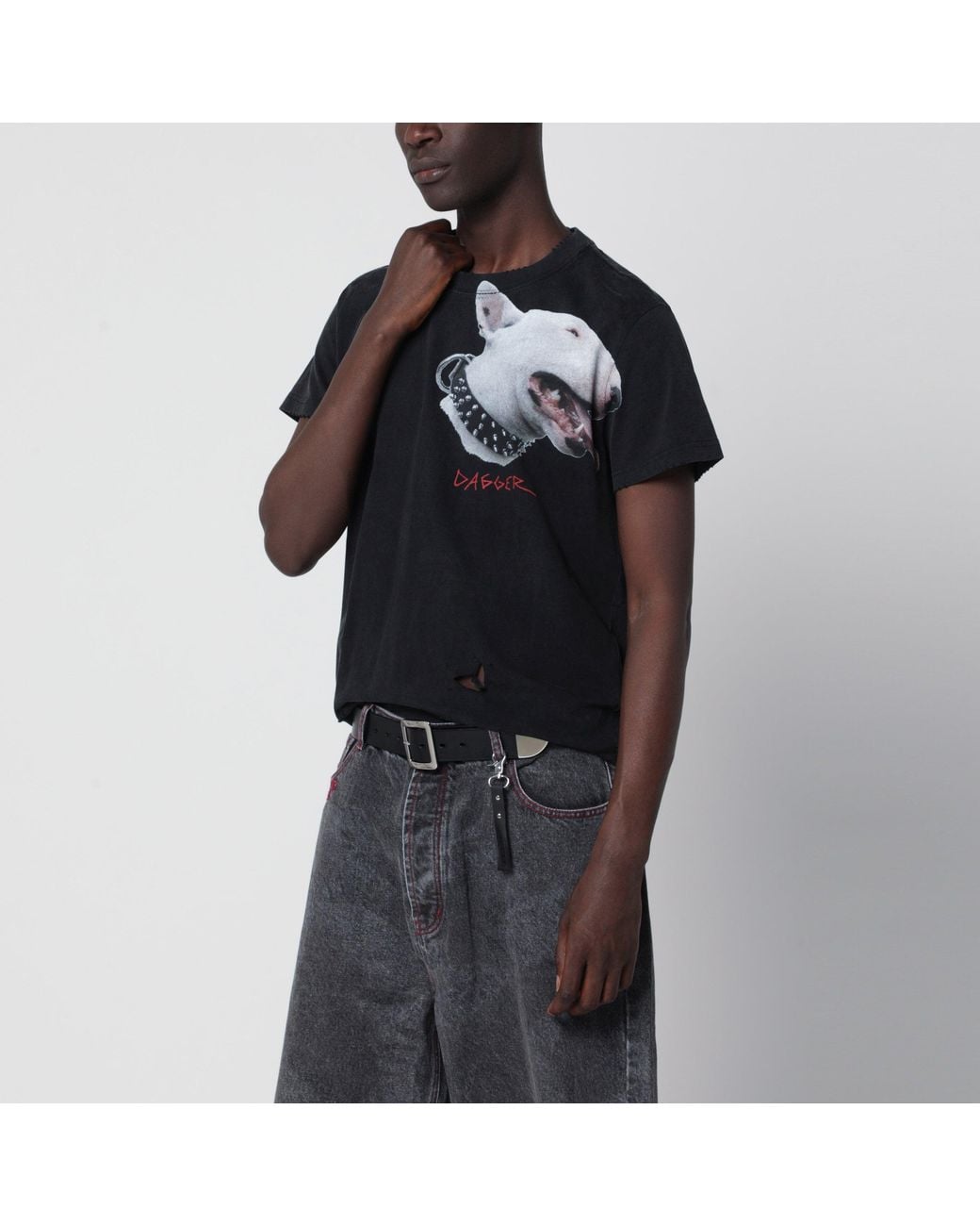 DAGGER Black Faded Cotton T-Shirt With Distressed Details for men