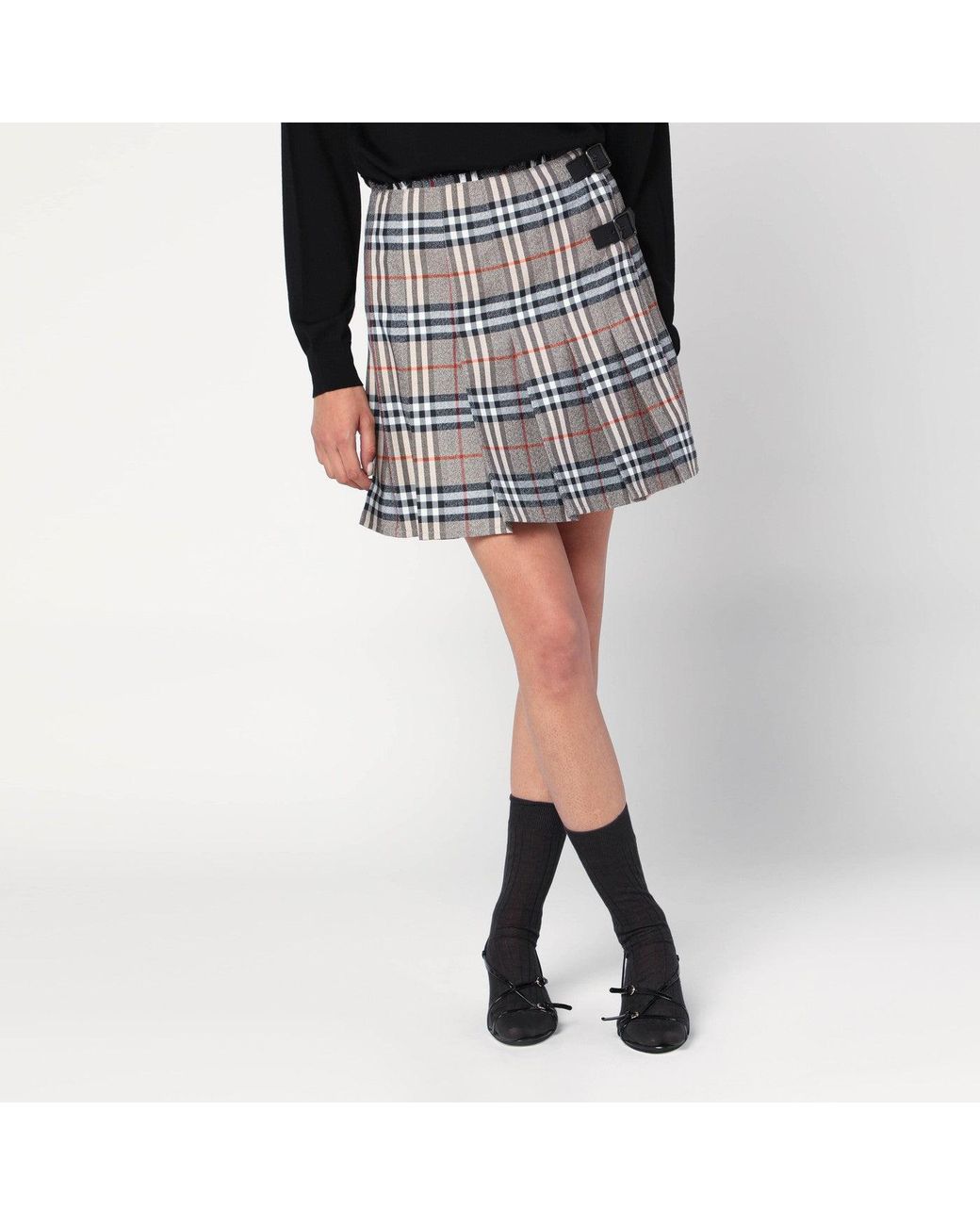 Burberry Black Wool Kilt Skirt With Check Pattern