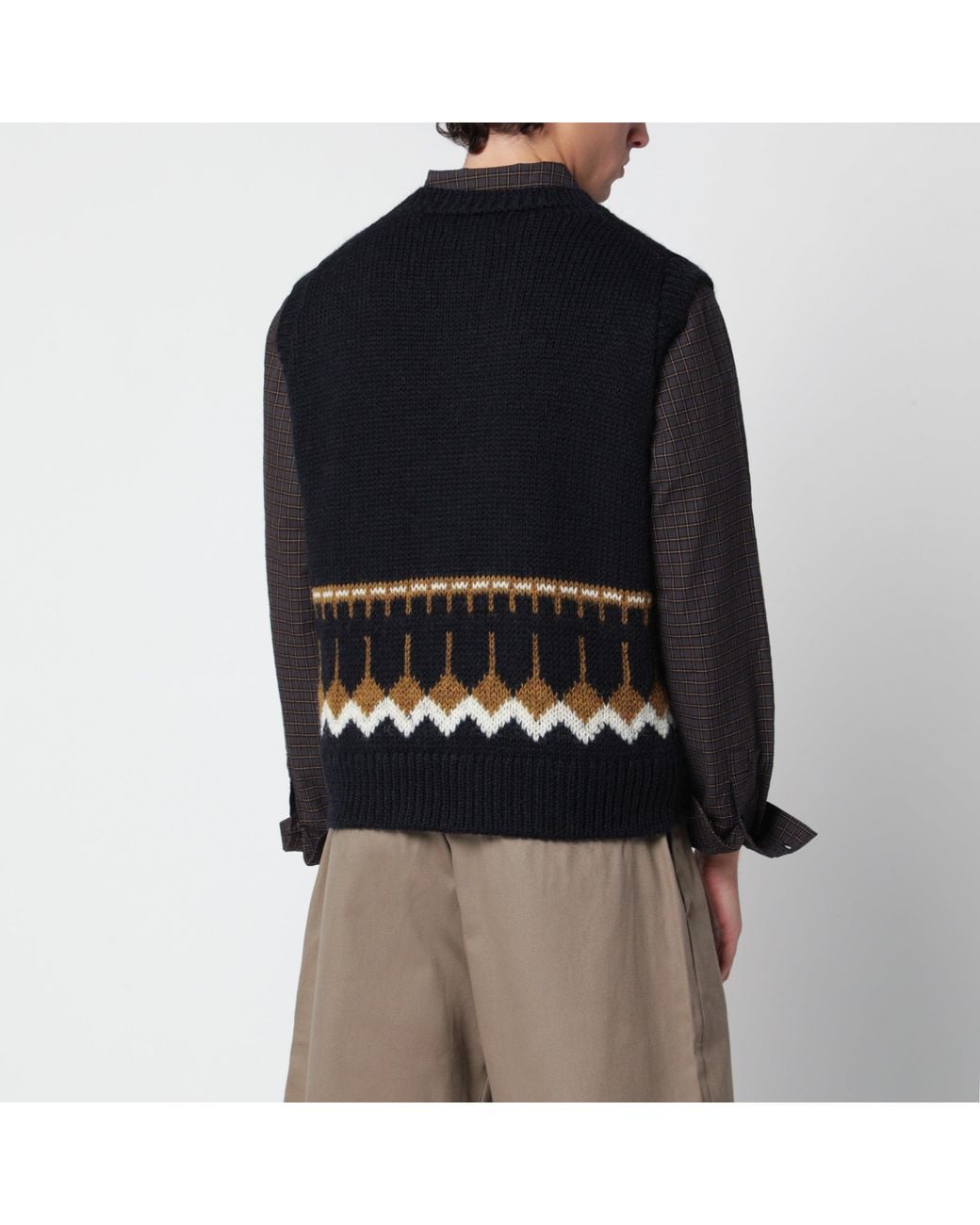 YMC Black Wool Vest With Geometric Jacquard Pattern for men