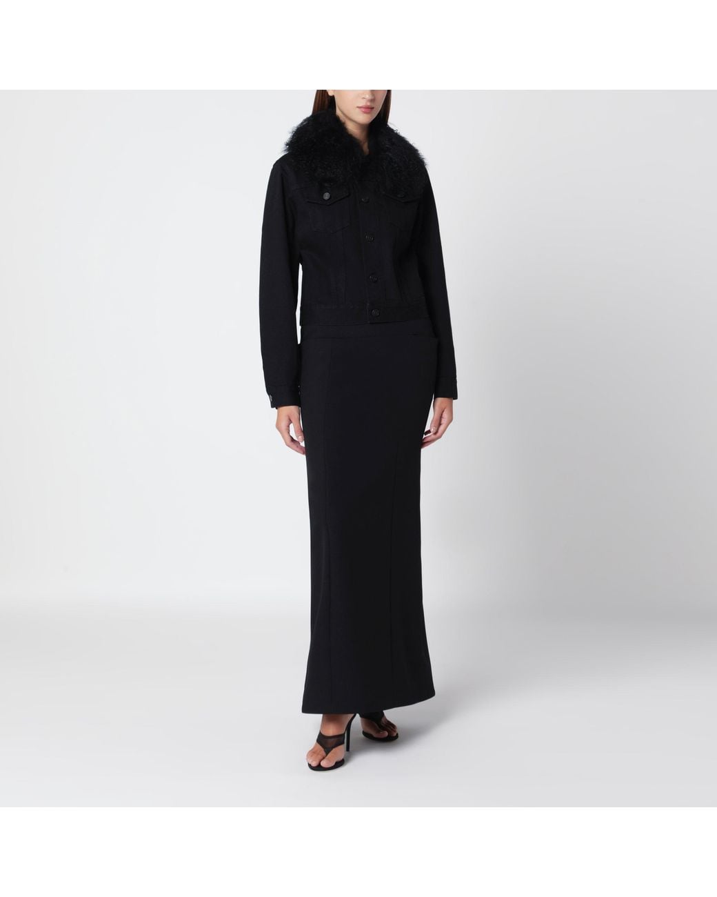 Alaïa Black Denim Jacket With Curly Faux Fur Collar