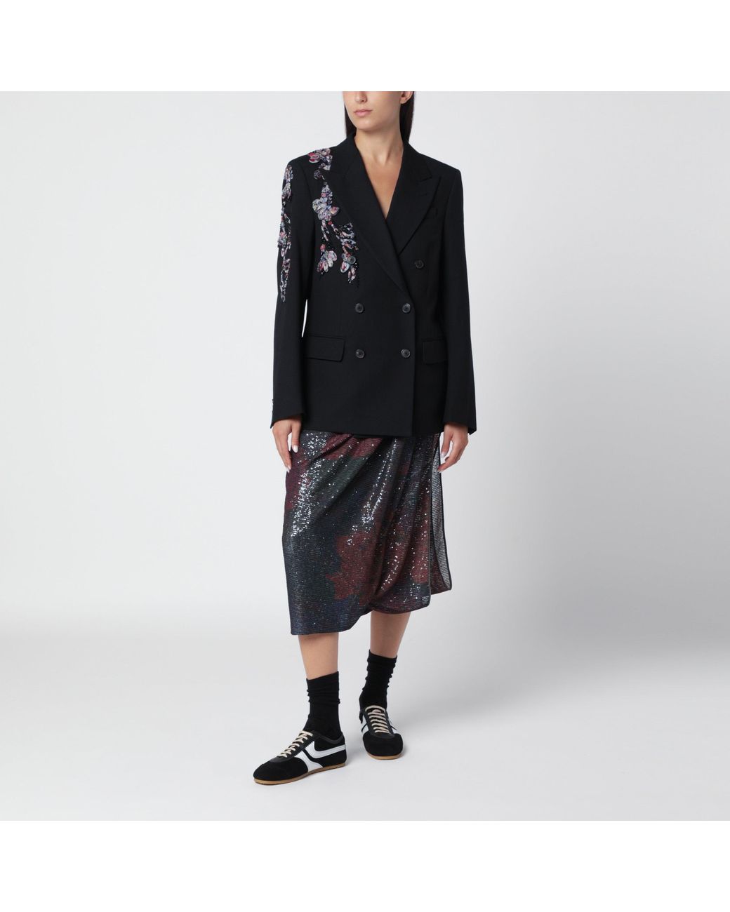 Dries Van Noten Black Double-Breasted Jacket With Floral Sequinned Appliqués