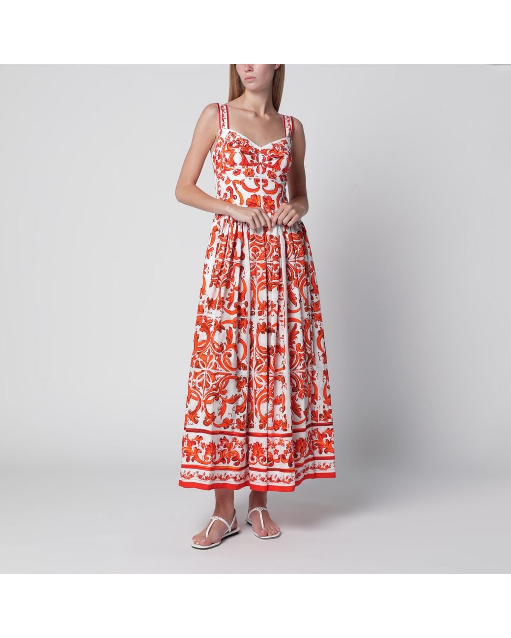 Dolce & Gabbana Red Maiolica-Print Poplin Maxi Dress