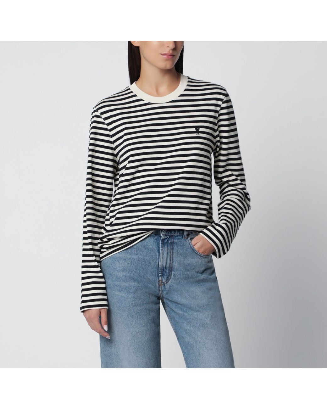 AMI Black Ivory Striped Ami De Coeur T-Shirt
