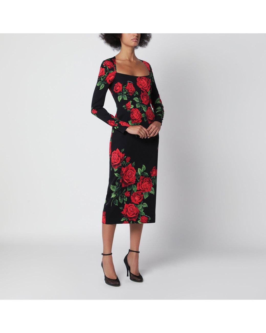 Dolce & Gabbana Red Rose Print Midi Dress