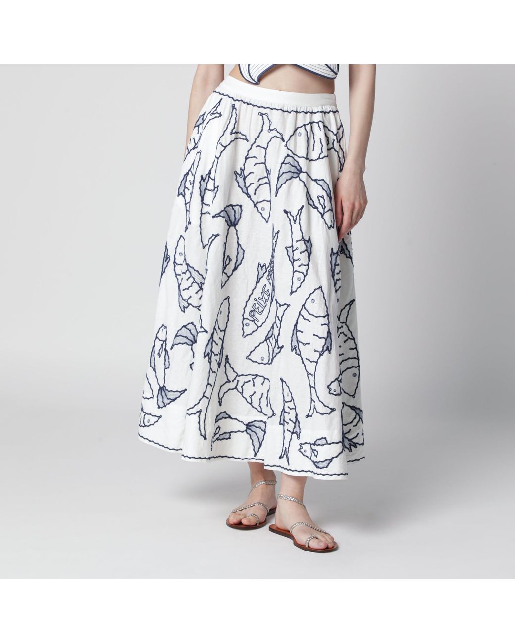 Farm Rio Blue Midi Skirt With Marine Embroidery