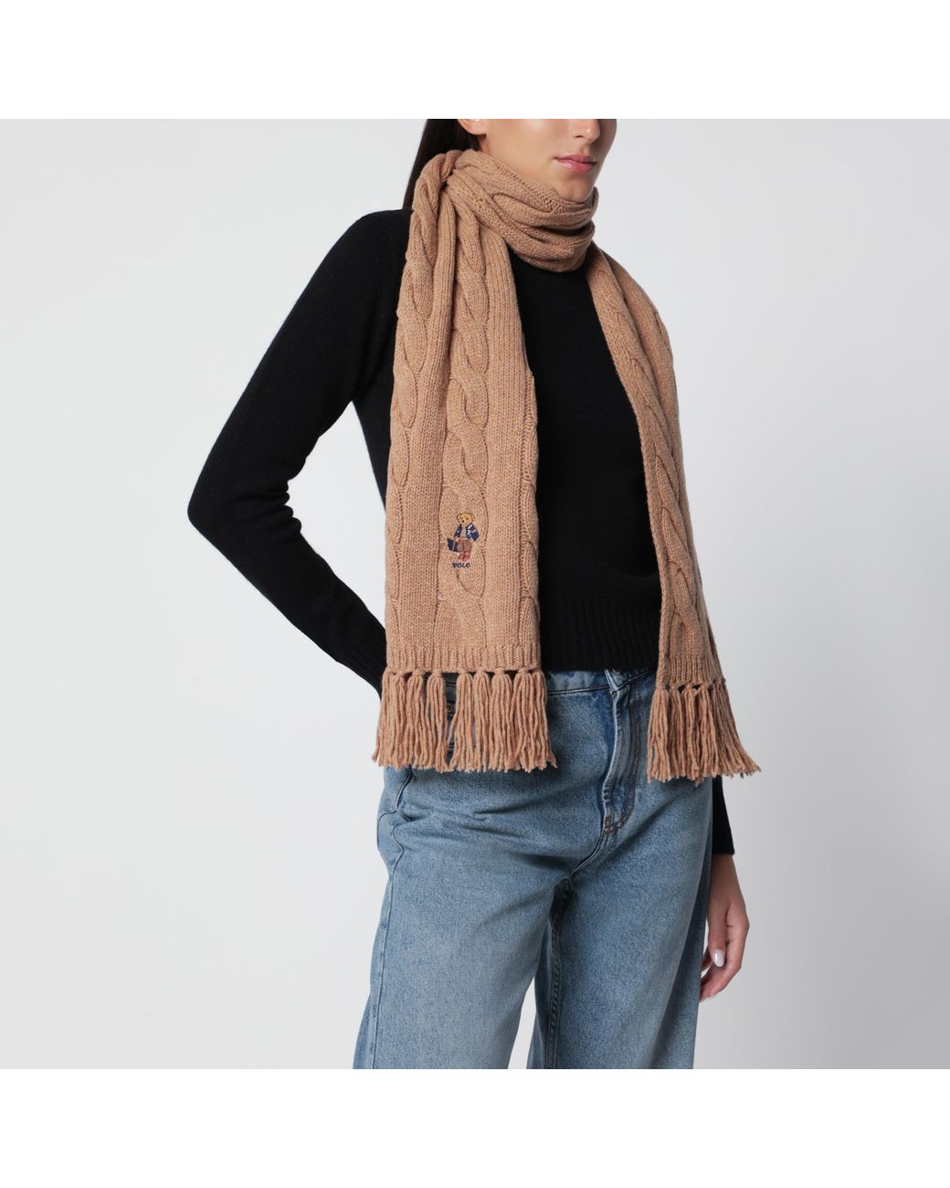 Polo Ralph Lauren Brown Polo Bear Camel Wool Scarf