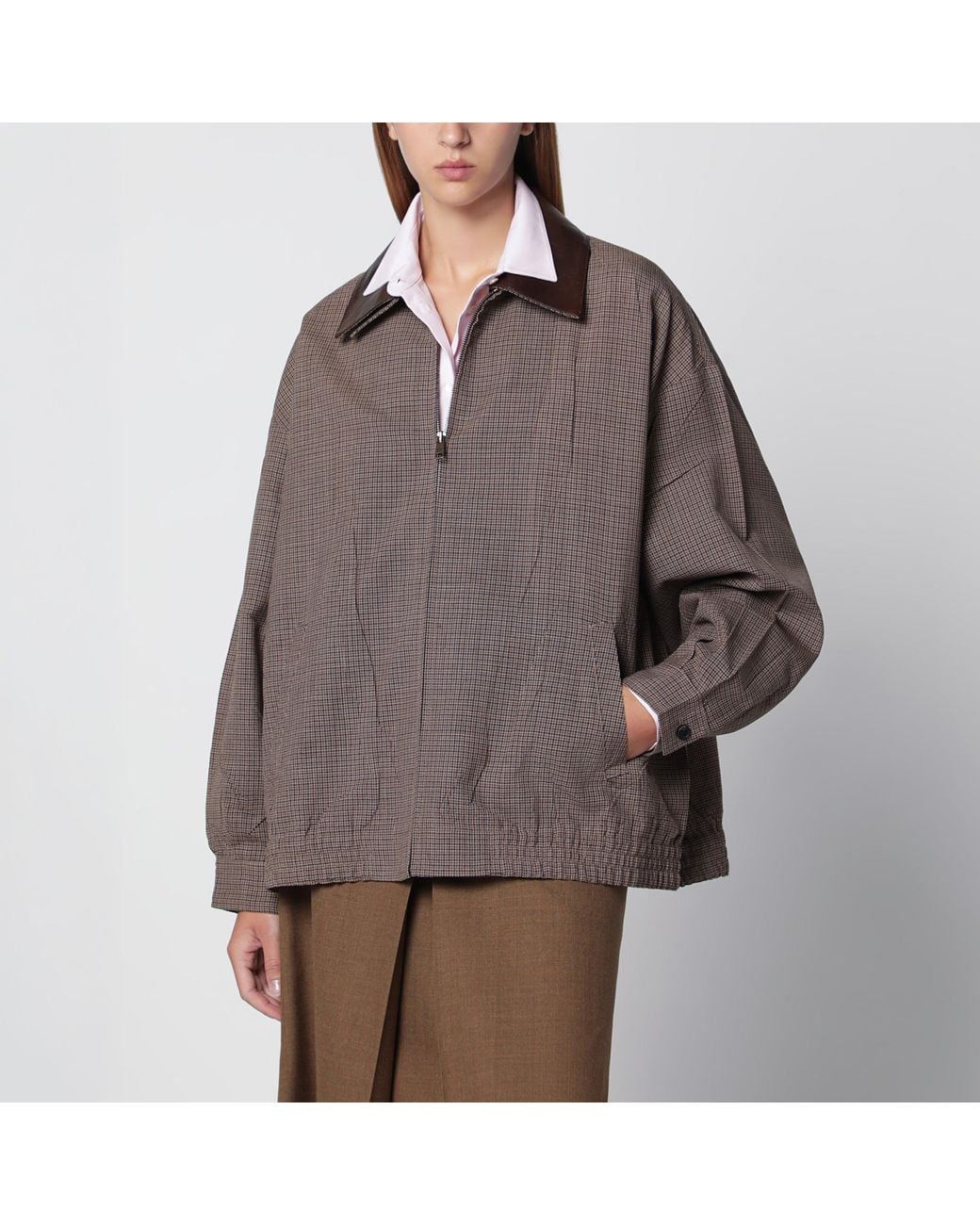 Prada Brown Tobacco Houndstooth Wool Blouson