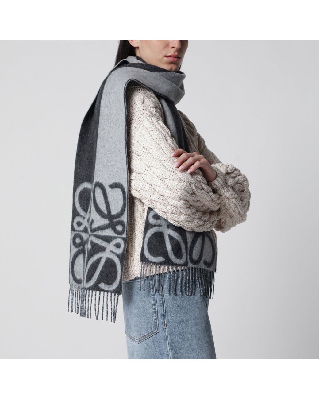 Loewe Gray Bicolour Anagram Jacquard Wool-Cashmere Scarf