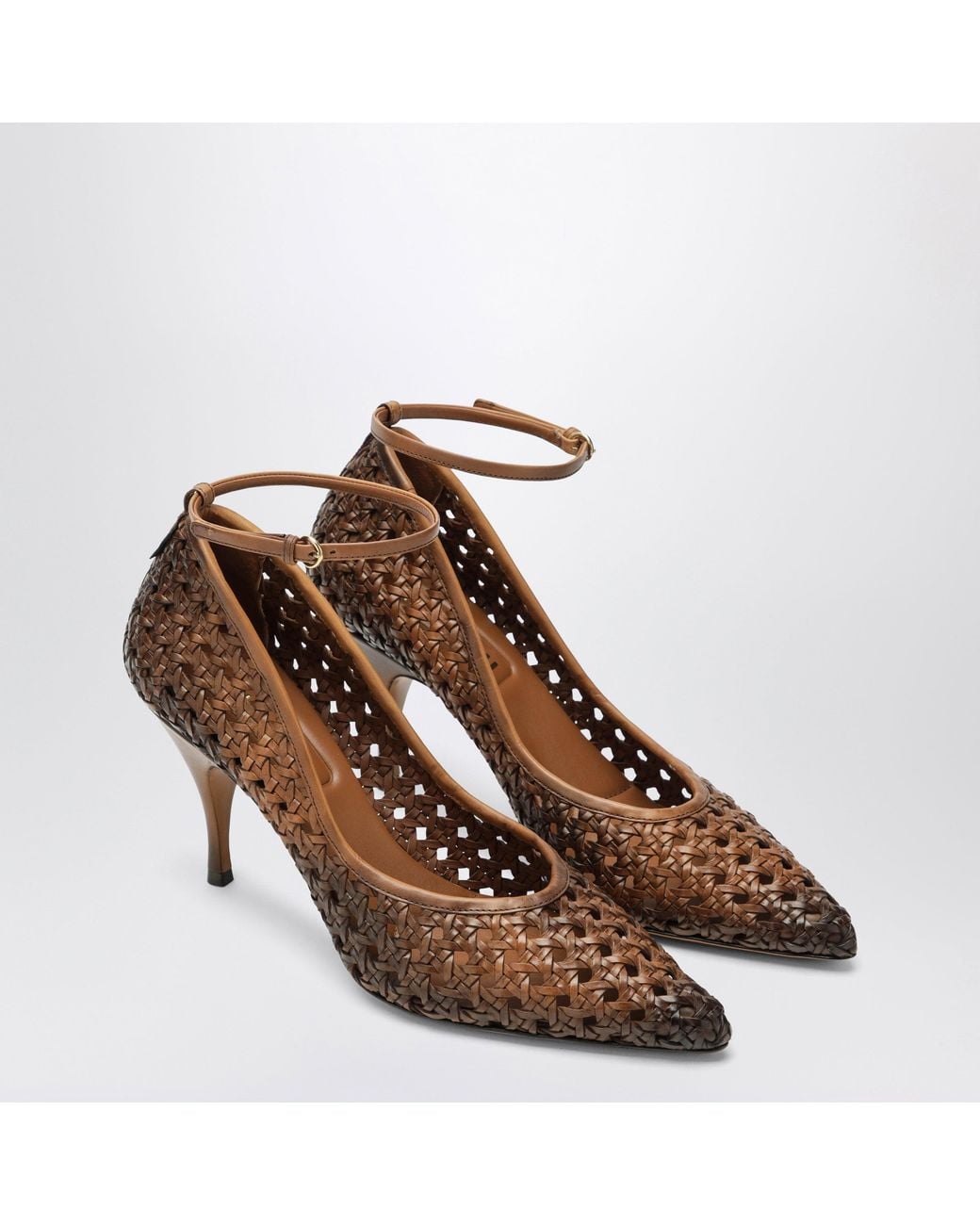 Miu Miu Brown Cognac-Colored Woven Leather Pumps