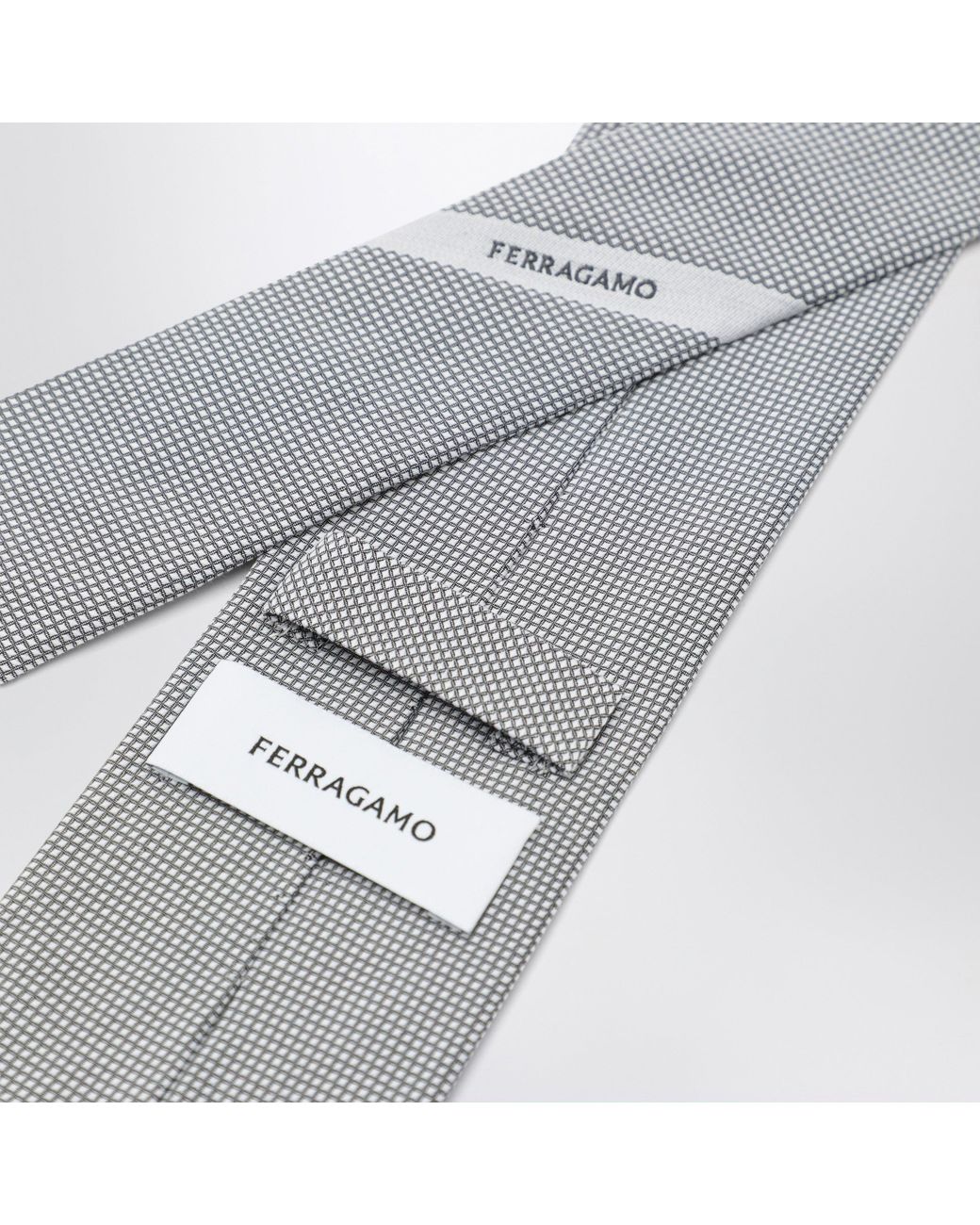 Ferragamo Gray Pearl Silk Tie With Micro-Check Pattern for men