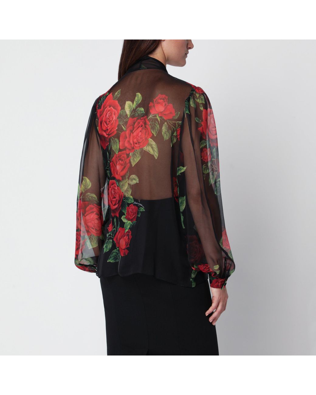 Dolce & Gabbana Red Rose-Print Silk Chiffon Blouse