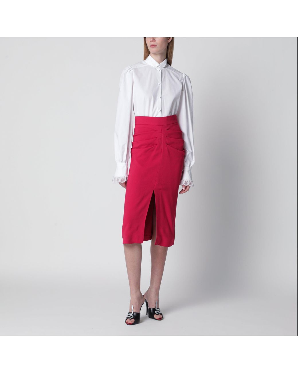 Valentino Red Midi Skirt With Ruched Detail