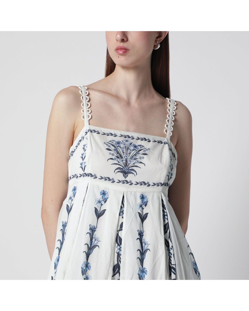 Farm Rio Blue Offwhite Flowers Arch Pleats Maxi Dress