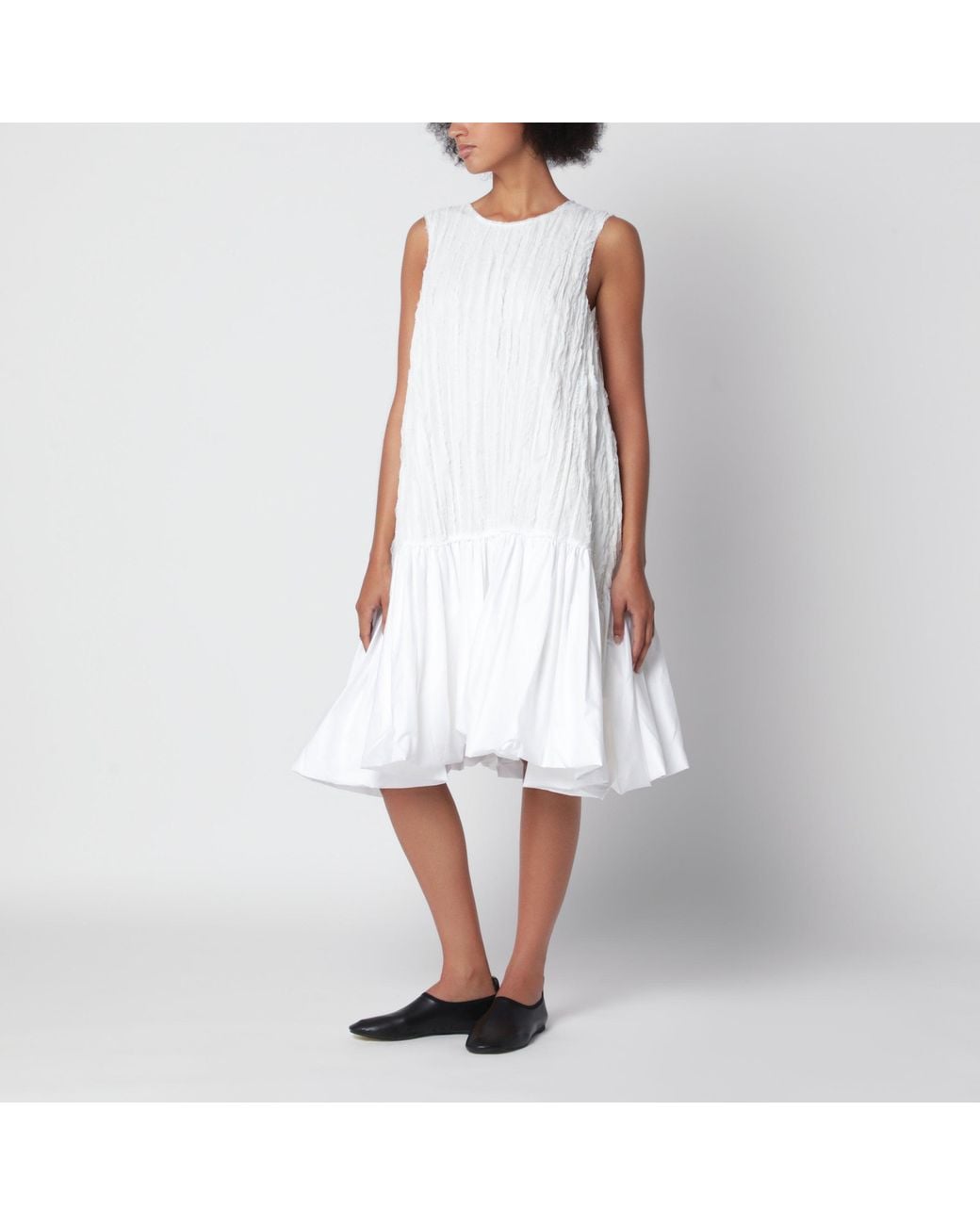 Cordera White Crinkle-Effect Balloon Midi Dress With Wide Straps
