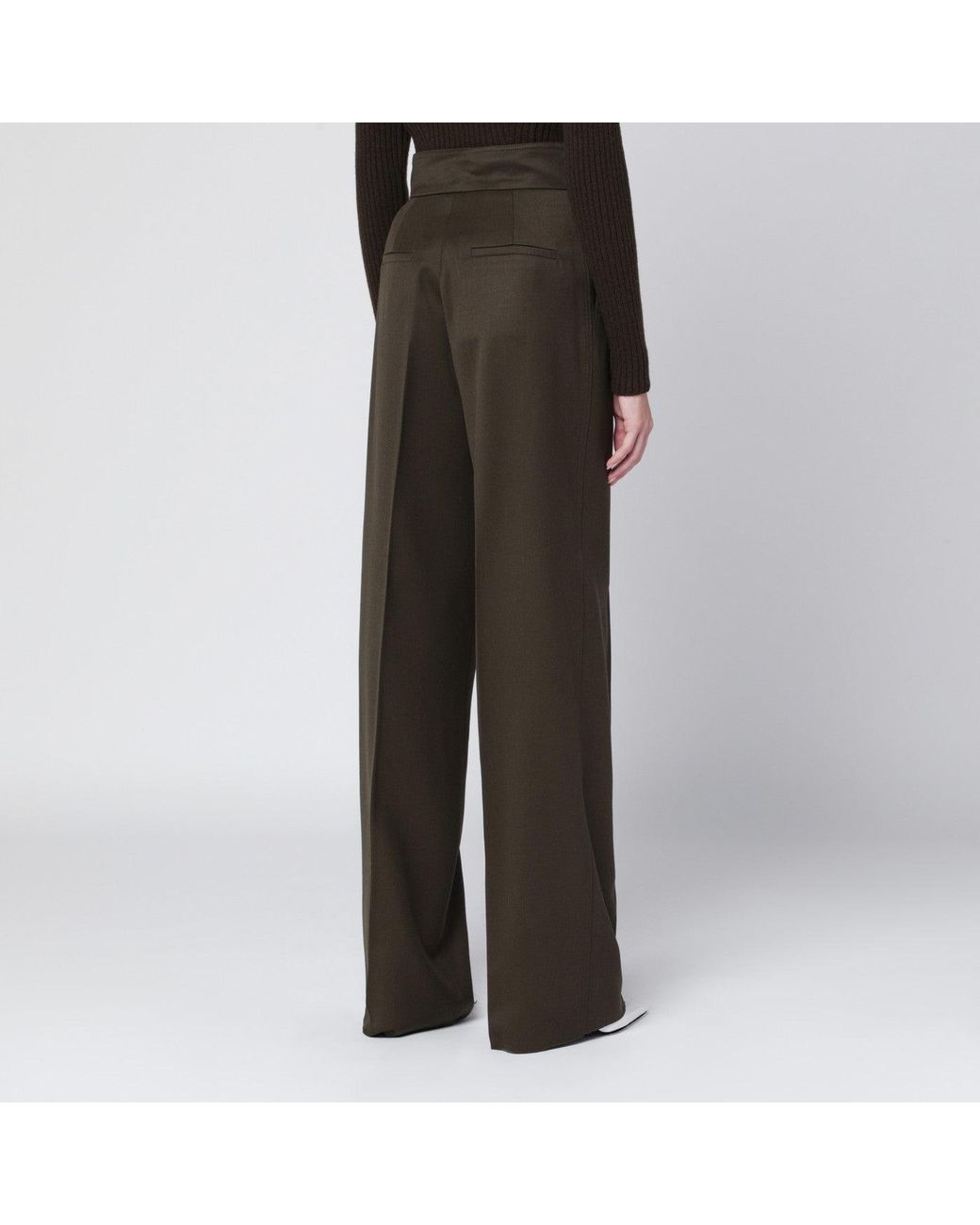 Max Mara Brown Moss Wide-Leg Wool Trousers