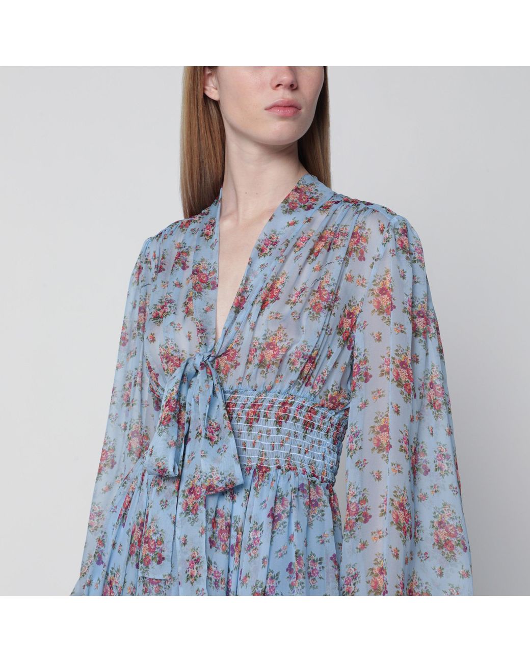 Dolce & Gabbana Blue Floral Bouquet-Print Chiffon Dress
