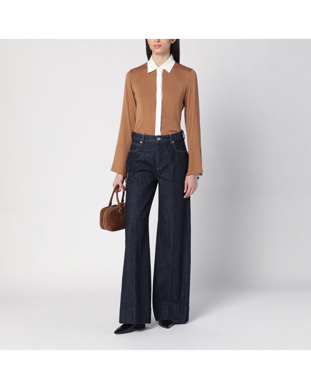Max Mara Blue Camel Silk Colour-block Shirt