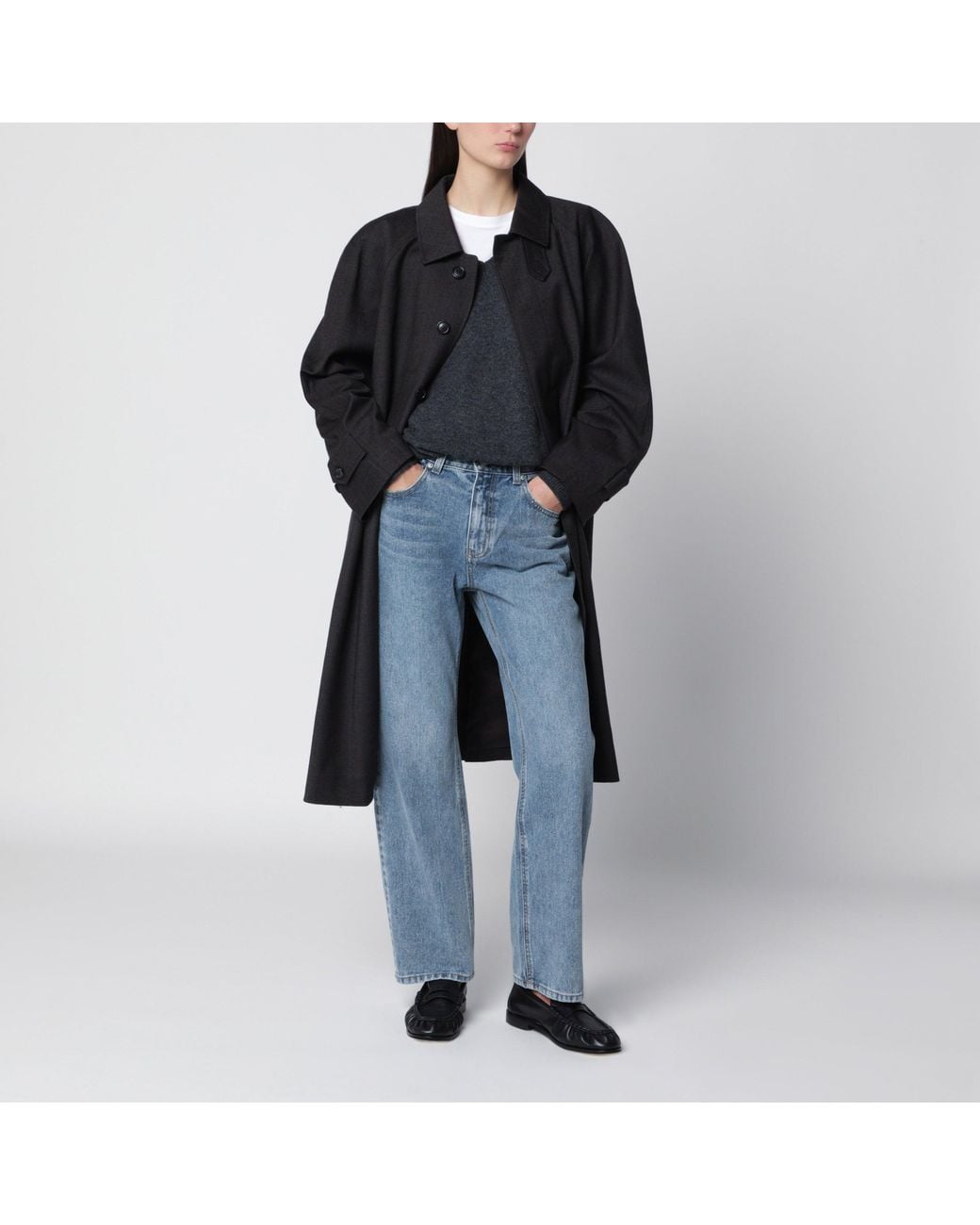 DUNST Black H-Line Wool-Blend Coat With Button-Front, Classic Collar & Check Pattern