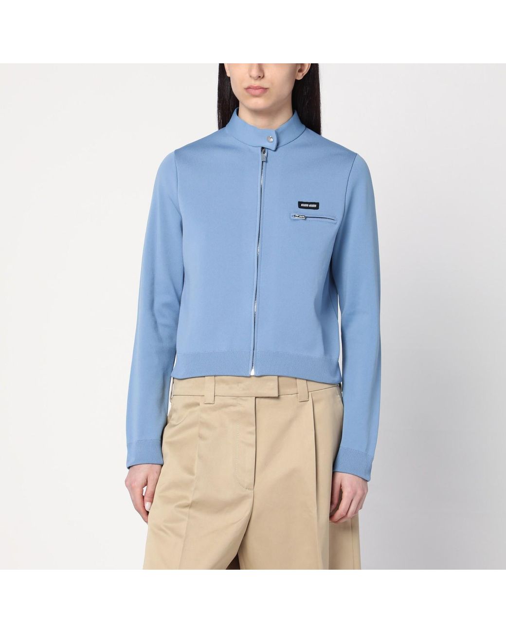 ブルゾン MIU MIU MMF958_16WY_F022X TECHNICAL YARN ZIPPER CARDIGAN Blue/white Technical Yarn Zipper Cardigan | Miu Miu