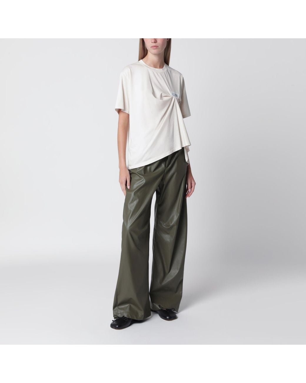 MM6 by Maison Margiela White Écru Draped T-Shirt With Logo Patch