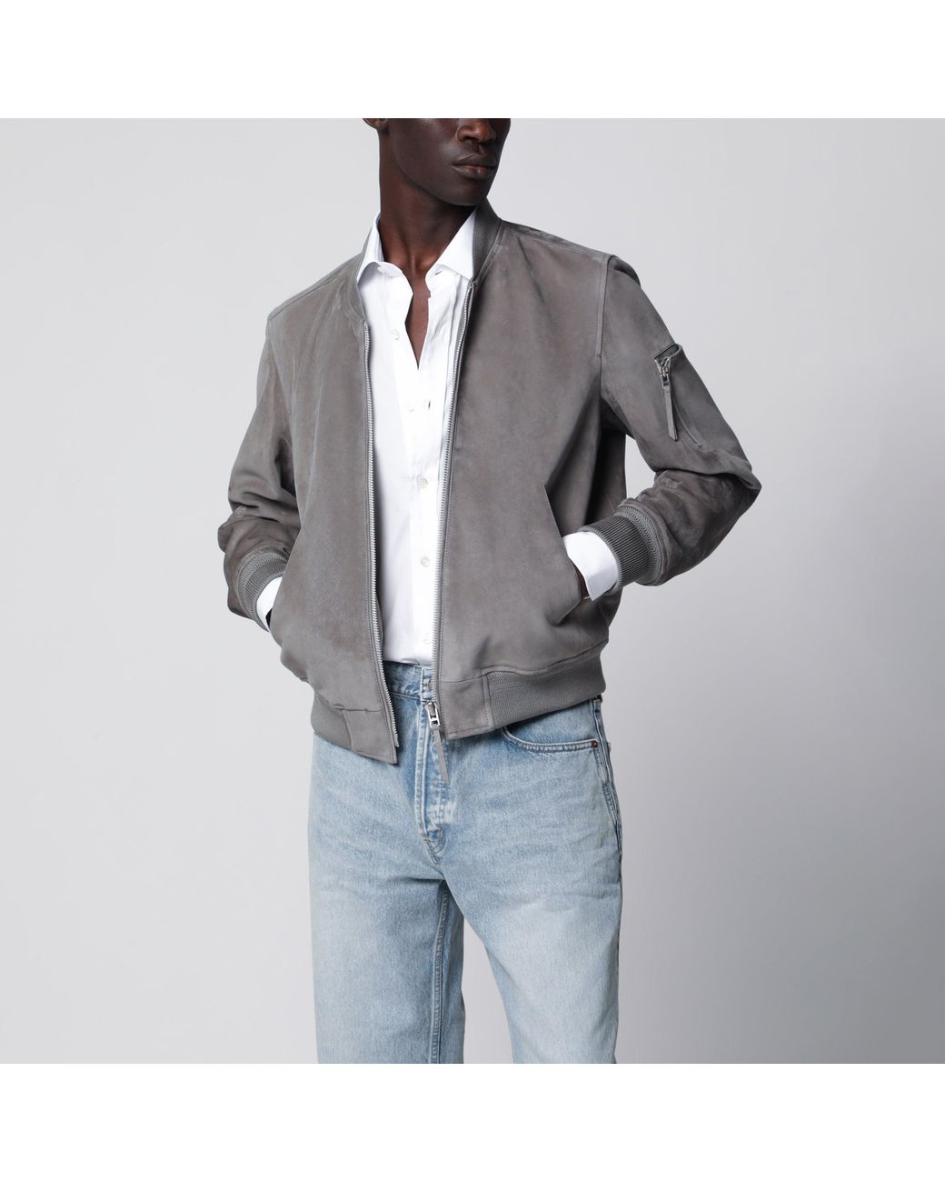 Tom Ford Gray Titanium Suede Bomber Jacket for men