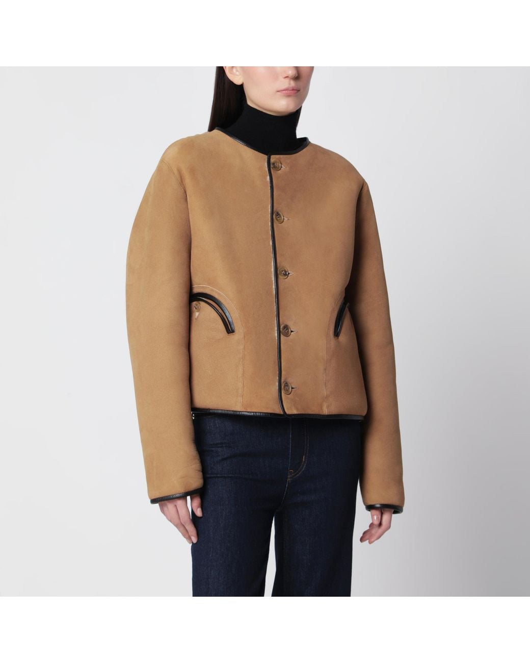 Blazé Milano Natural Reversible Camelot Shearling Mini Bolero Jacket With Leather Trim